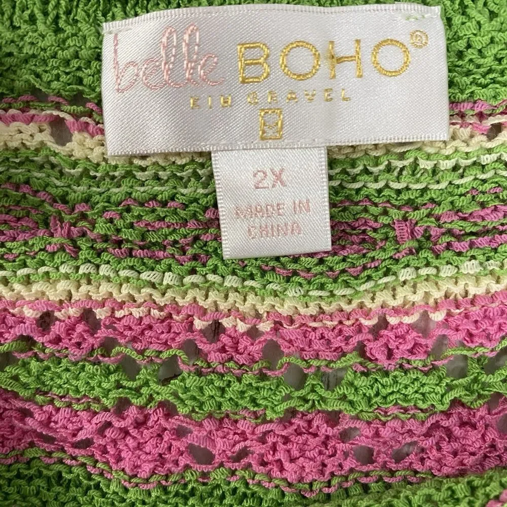 Bell Boho Sweater Womens 2X Green Pink Stripe Open Knit Crochet Short Sleeve